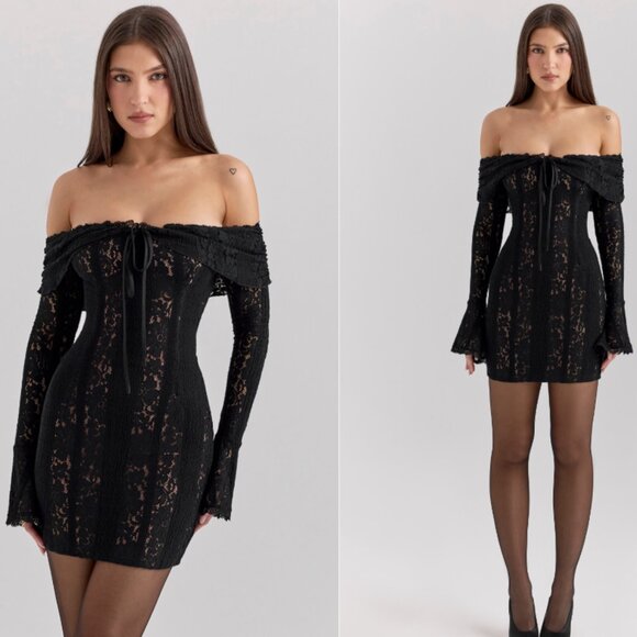 House of CB 'Sadie' black floral lace off shoulder mini dress NWOT